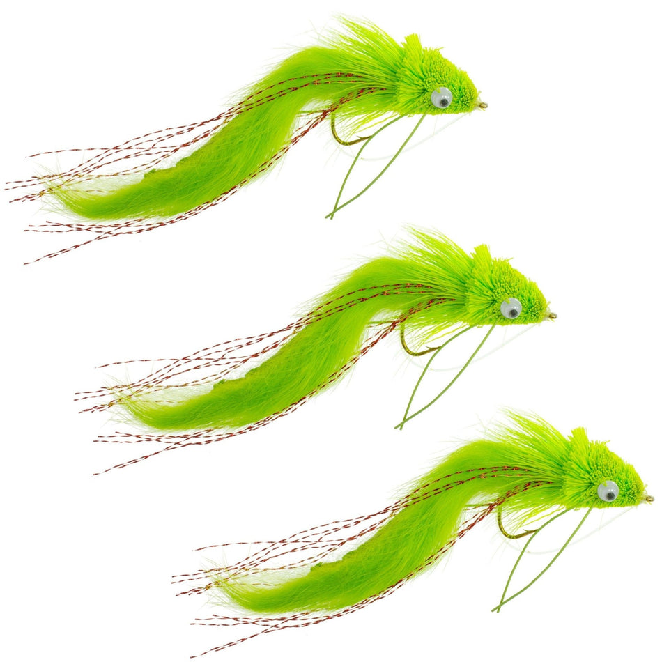 3 Pack Chartreuse Rabbit Strip Deer Hair Diver Size 4 - Bass Fly Fishing Bug Wide Gape Bass Hooks With Weed Guard - Get Tight Gear