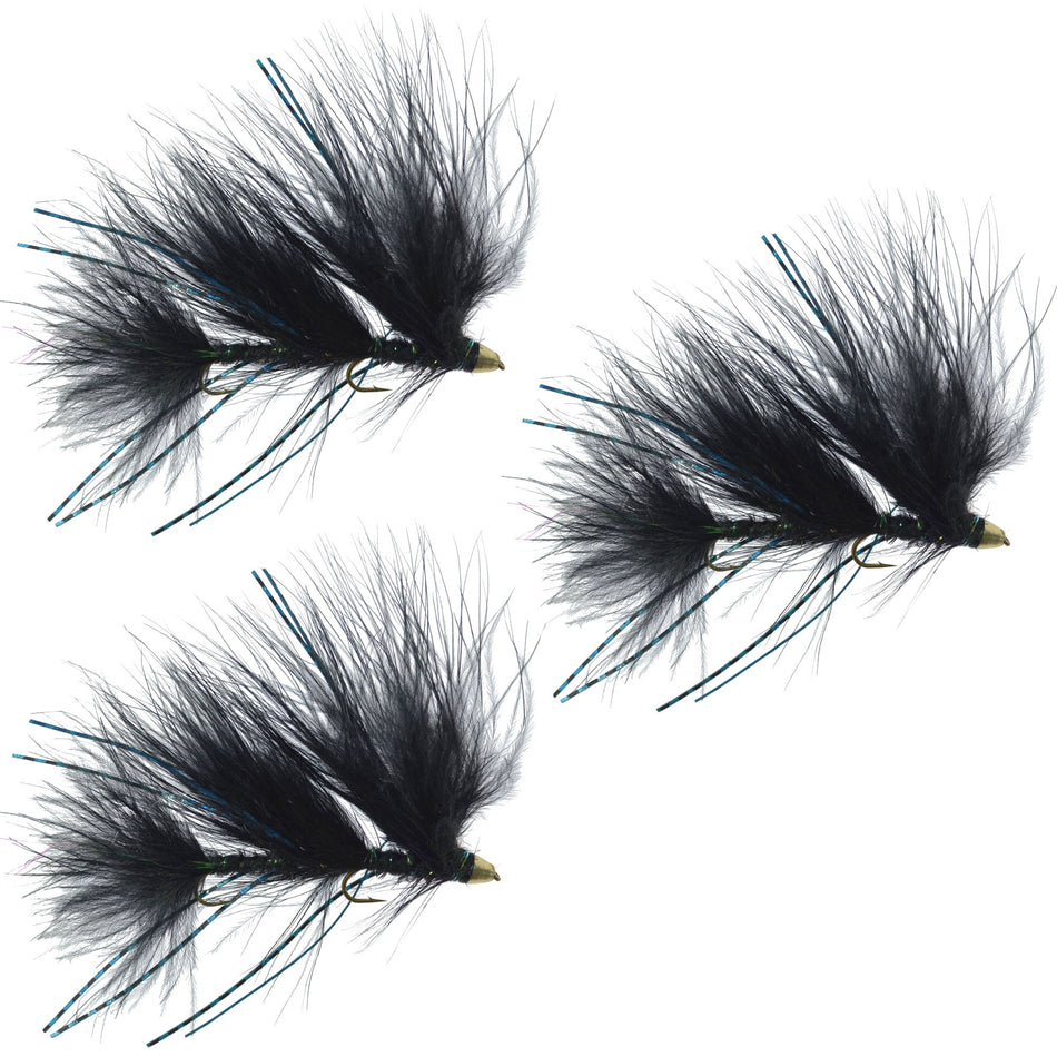 3 Pack Circus Peanut Envy Streamer Black - Size 6 - Articulated Trout Bass Steelhead Salmon and Bass Fly Fishing Flies - Get Tight Gear