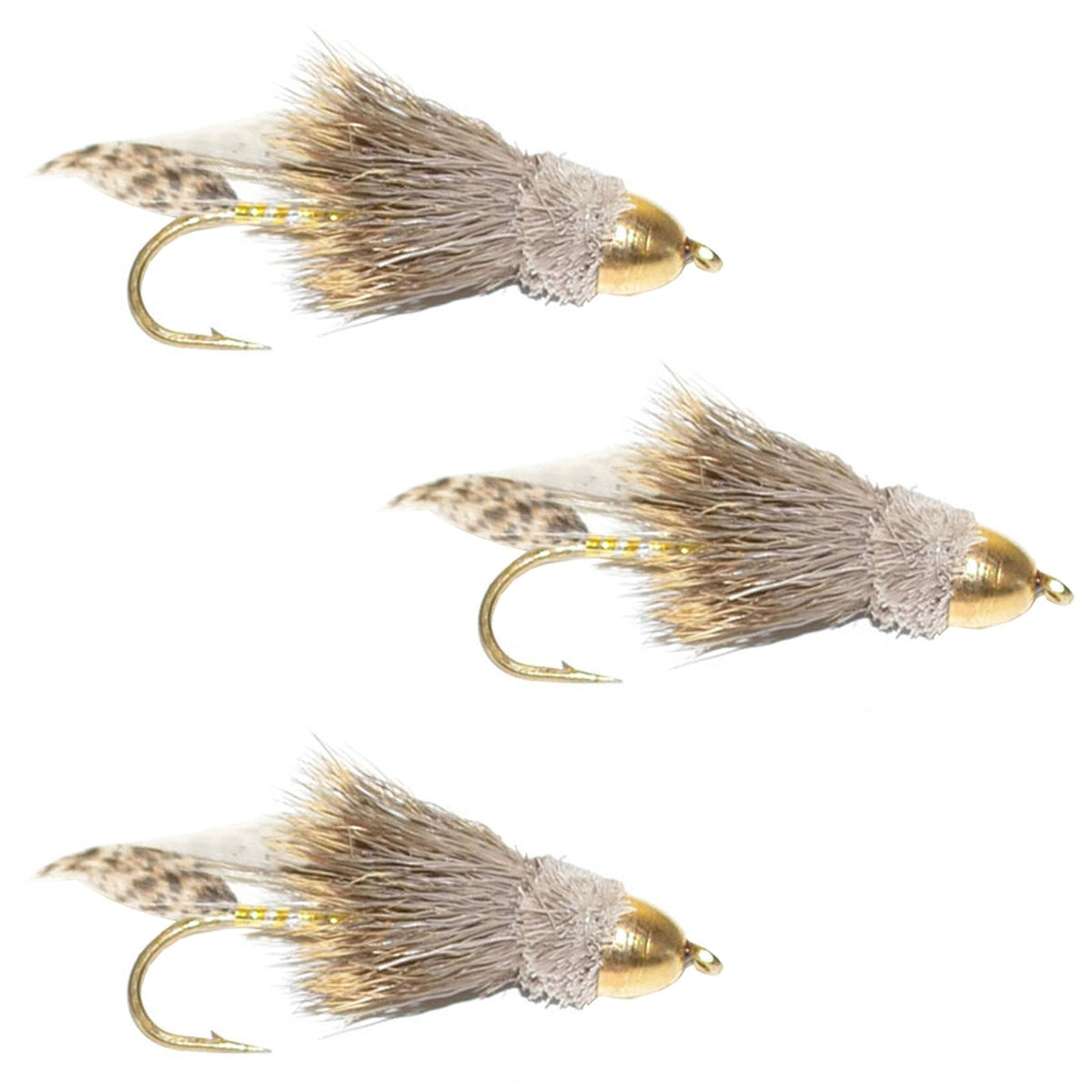 3 Pack Cone Head Muddler Minnow Trout and Bass Streamer Fly - Hook Size 2 - Get Tight Gear