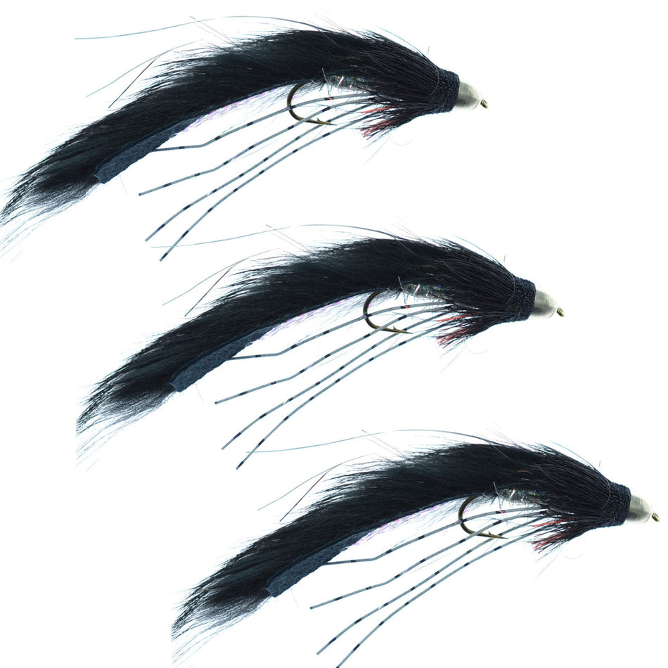 3 Pack Cone Head Muddy Buddy Trout and Bass Streamer Fly Lunchables - Black - Hook Size 4 - Get Tight Gear