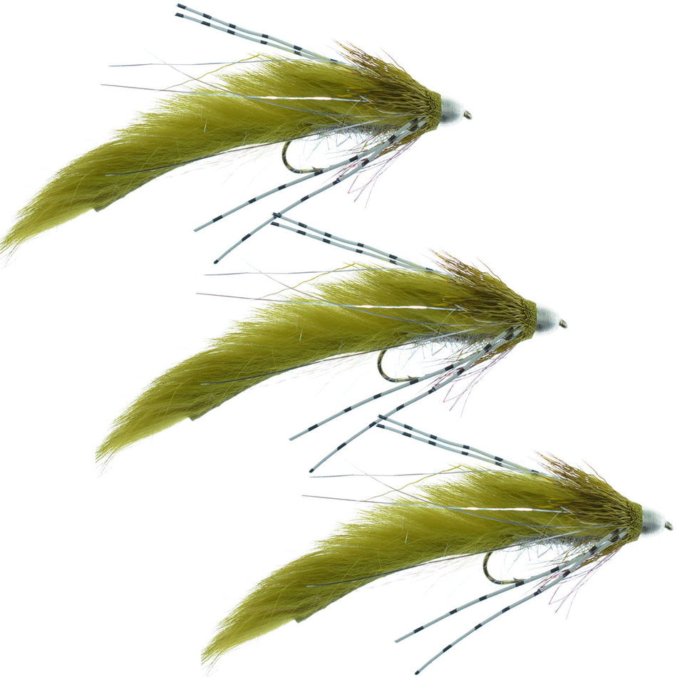 3 Pack Cone Head Muddy Buddy Trout and Bass Streamer Fly Lunchables - Olive - Hook Size 4 - Get Tight Gear