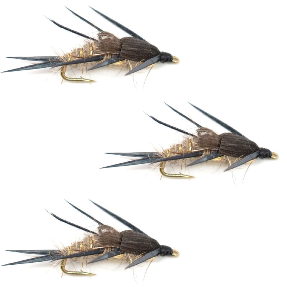 3 Pack Double Bead Black Biot Legs Gold Ribbed Hare's Ear Nymph Fly Fishing Flies Hook Size 8 - Get Tight Gear