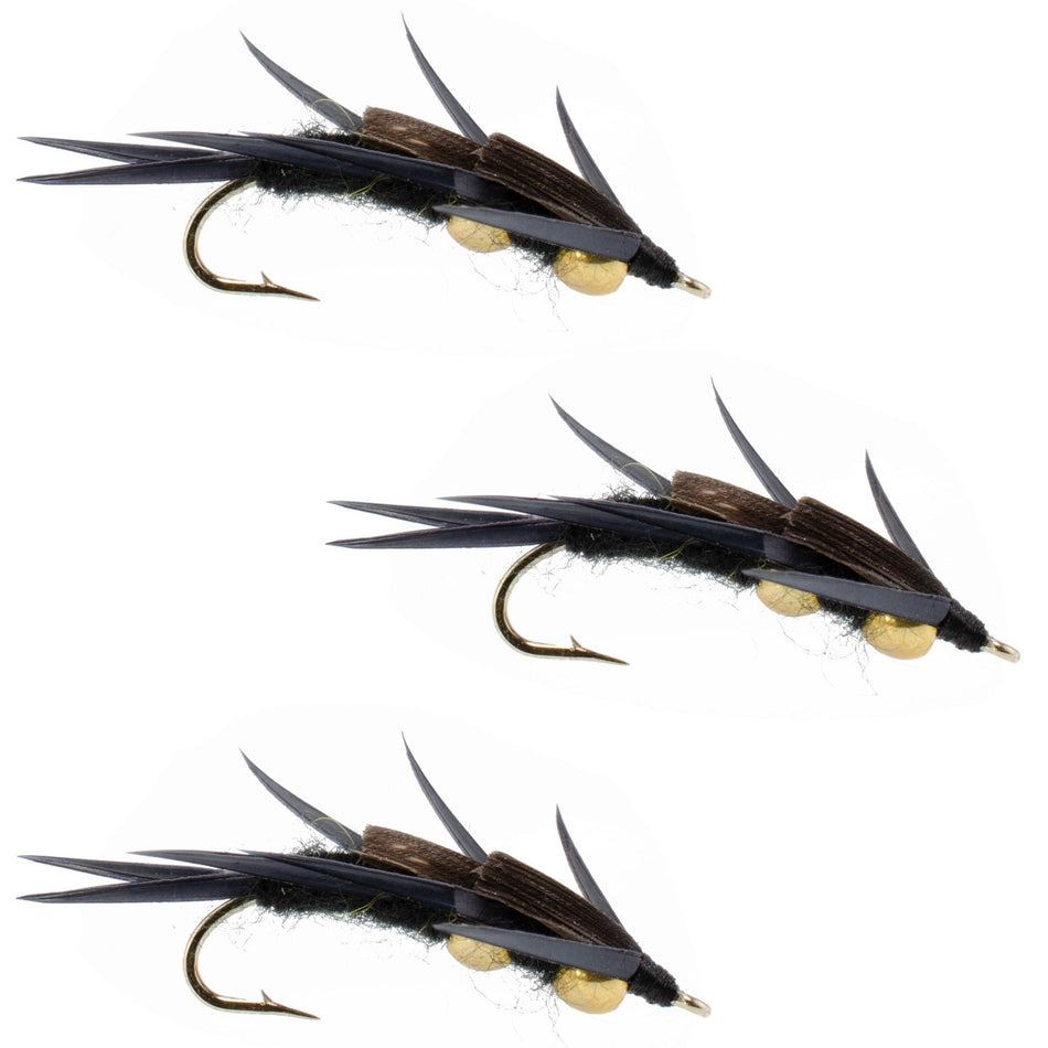 3 Pack Double Bead Black Stone Fly with Black Biot Legs - Stonefly Wet Fly - Hook Size 10 - Get Tight Gear