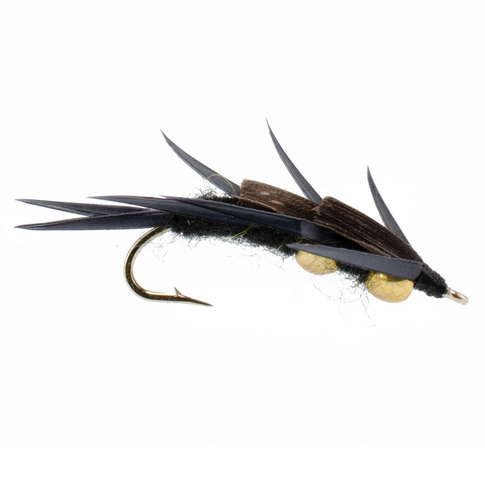 3 Pack Double Bead Black Stone Fly with Black Biot Legs - Stonefly Wet Fly - Hook Size 6 - Get Tight Gear