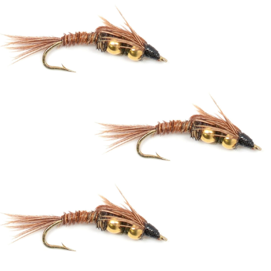 3 Pack Double Bead Pheasant Tail Nymph Fly Fishing Flies Hook Size 10 - Get Tight Gear