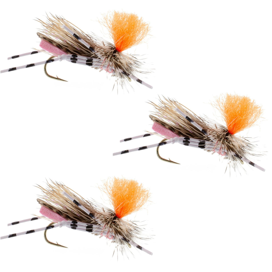 3 Pack Feth Hopper Pink - Foam Grasshopper Fly Pattern - Hook Size 10 - Get Tight Gear