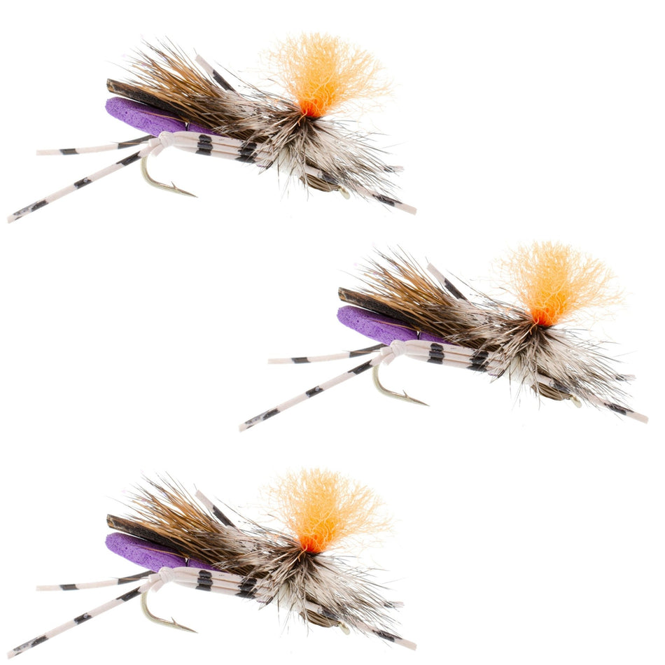 3 Pack Feth Hopper Purple - Foam Grasshopper Fly Pattern - Hook Size 10 - Get Tight Gear