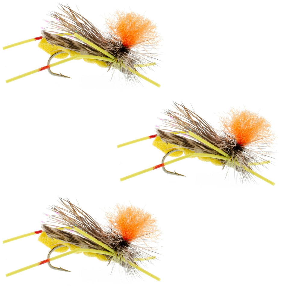 3 Pack Feth Hopper Yellow - Foam Grasshopper Fly Pattern - Hook Size 10 - Get Tight Gear