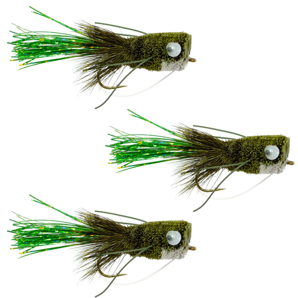 3 Pack Flashtail Bass Popper Size 8 - Olive Bass Fly Fishing Bug Wide Gape Bass Hooks With Weed Guard - Get Tight Gear
