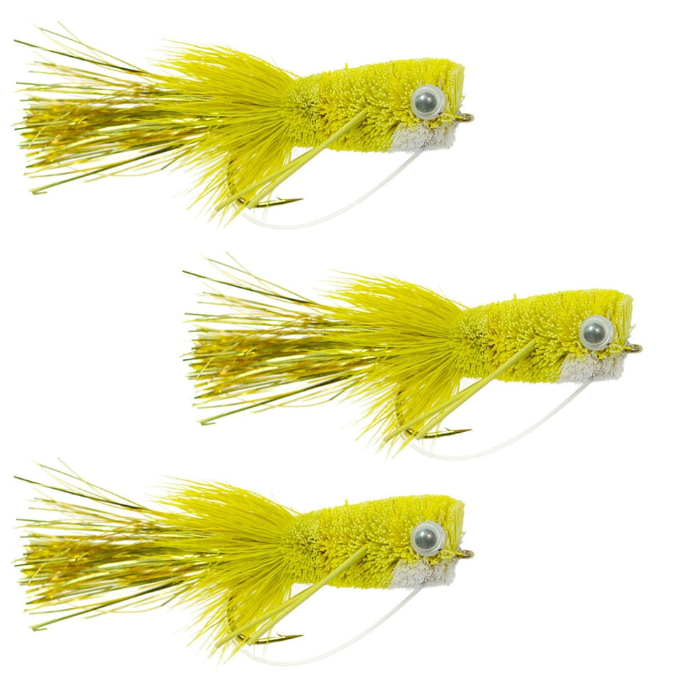 3 Pack Flashtail Bass Popper Size 8 - Yellow Bass Fly Fishing Bug Wide Gape Bass Hooks With Weed Guard - Get Tight Gear