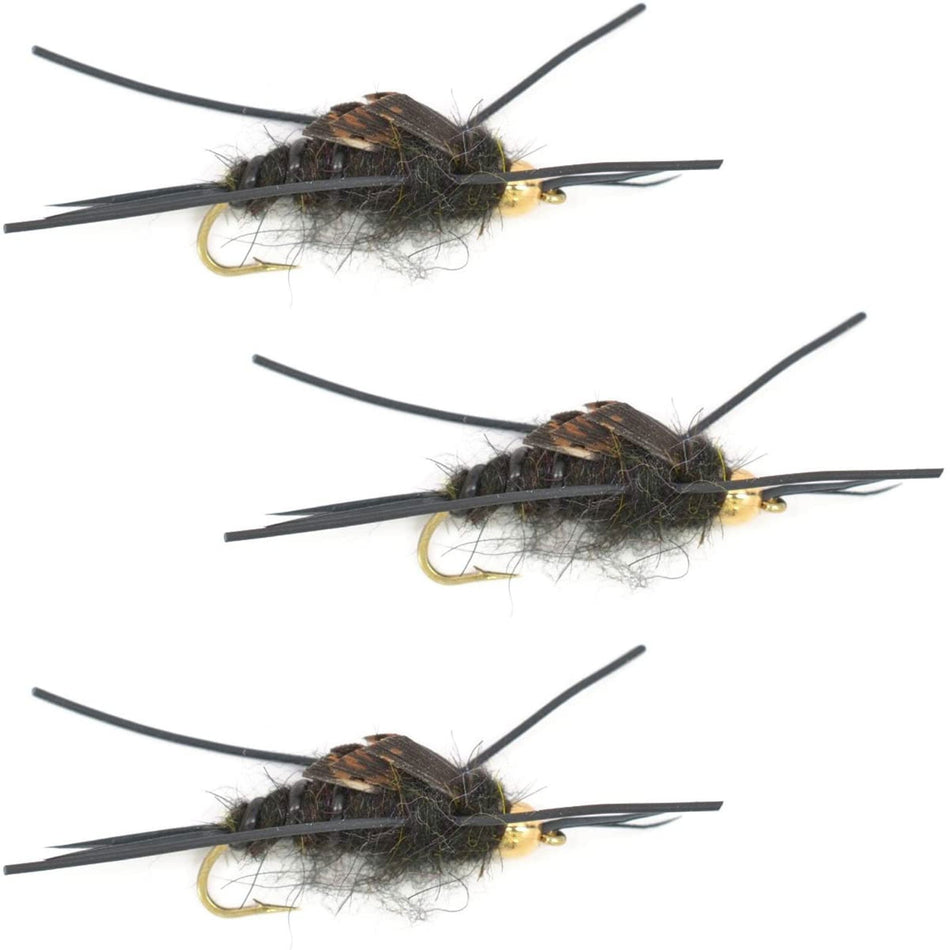 3 Pack Gold Bead Kaufmann's Black Stone Fly with Rubber Legs - Stonefly Wet Fly - Hook Size 10 - Get Tight Gear