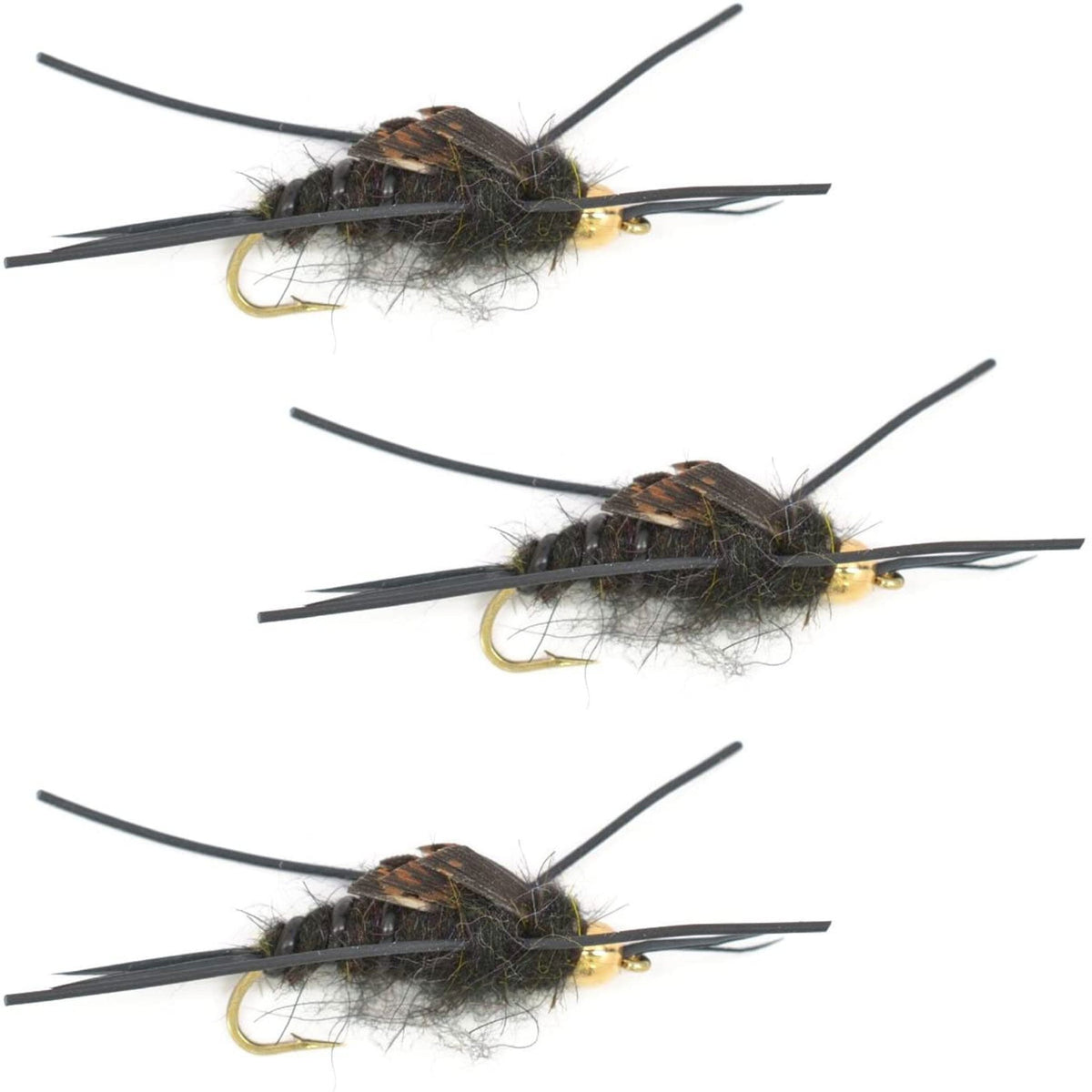 3 Pack Gold Bead Kaufmann's Black Stone Fly with Rubber Legs - Stonefly Wet Fly - Hook Size 8 - Get Tight Gear
