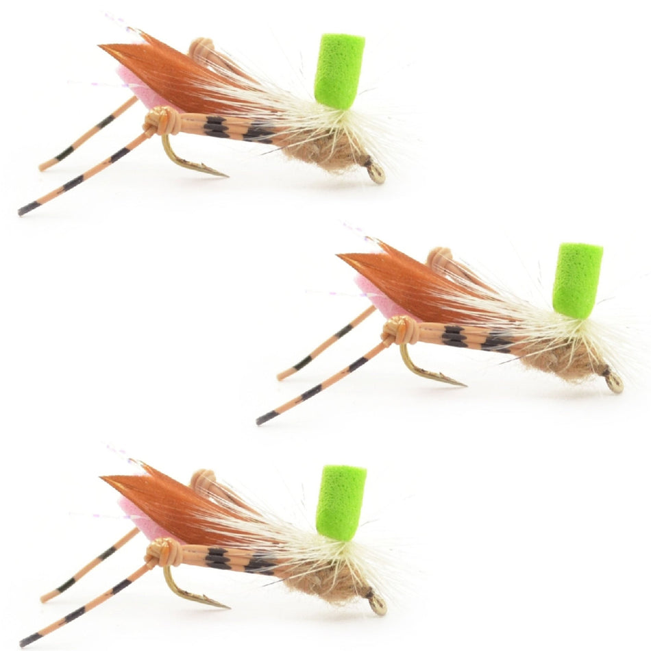 3 Pack Green Top Hopper Foam Body Grasshopper Fly - Hook Size 10 - Get Tight Gear