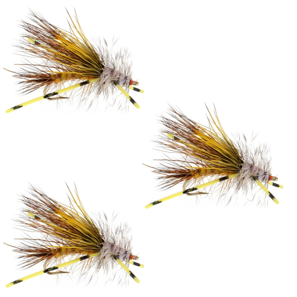 3 Pack Kaufmann's Yellow Crystal Stimulator Rubber Legs Dry Fly - Hook Size 10 - Get Tight Gear