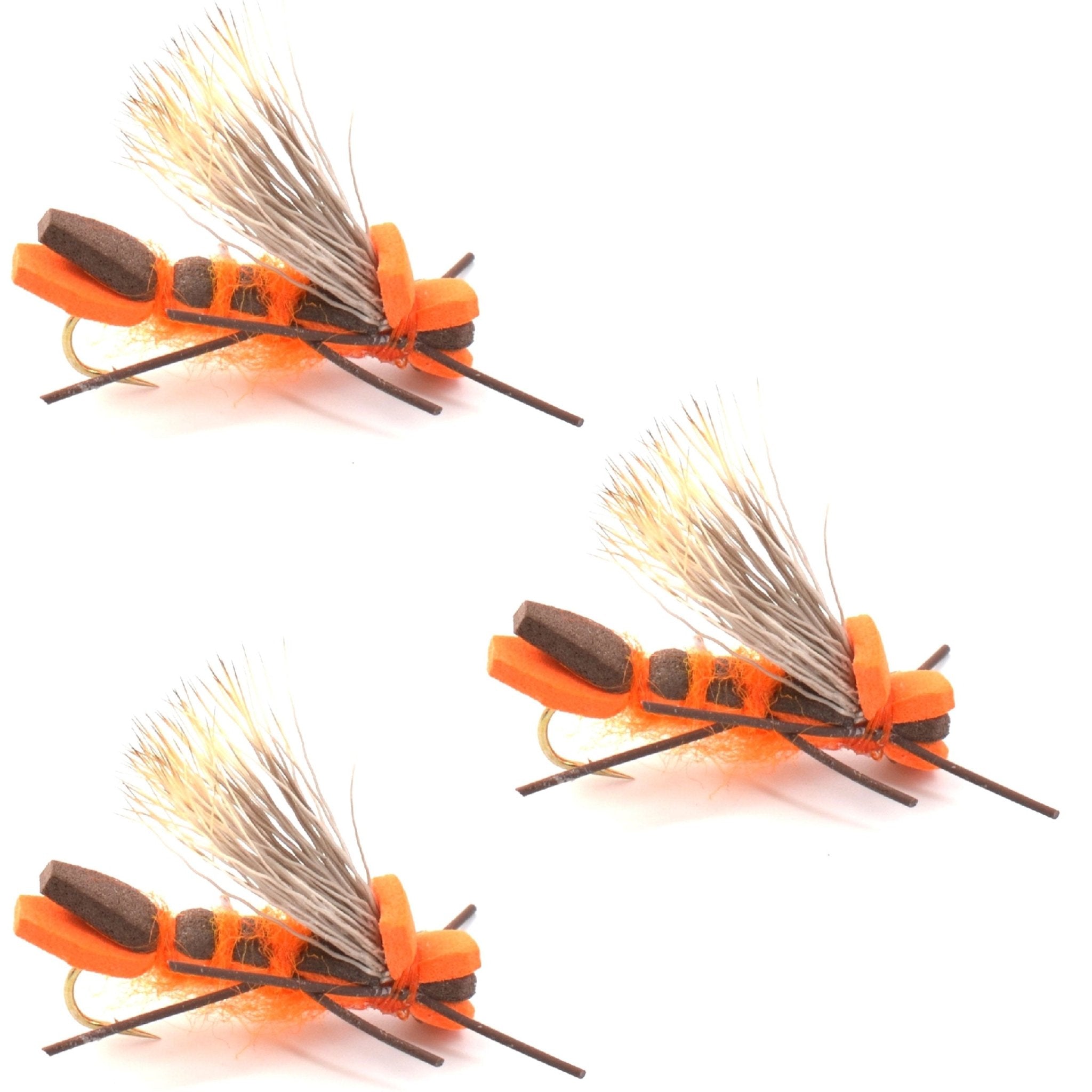3 Pack Orange Godzilla Hopper - Foam Grasshopper or Adult Salmonfly Fly Pattern - Hook Size 10 - Get Tight Gear