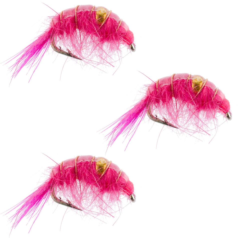 3 Pack Pink Beaded Shrimp Scud Pattern - Size 12 - Tailwater Lake Fly Fishing Nymph Flies - Get Tight Gear