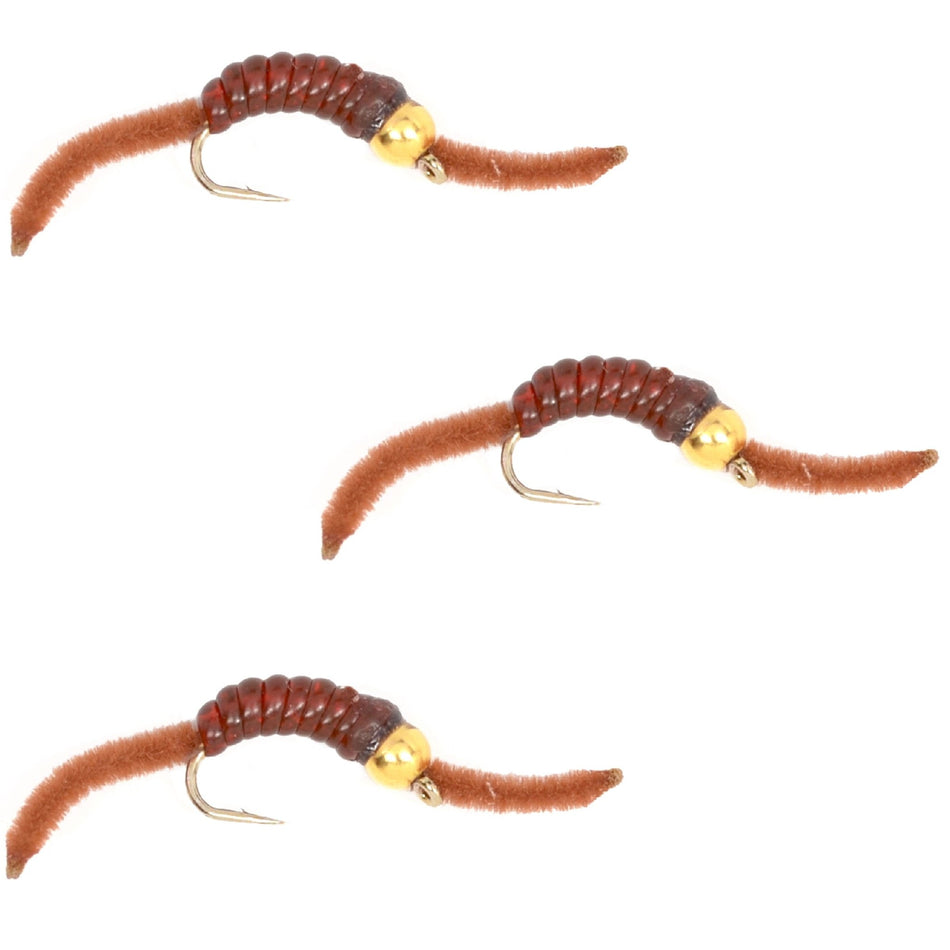 3 Pack San Juan Bead Head Power Worm Brown V - Rib - Hook Size 10 - Get Tight Gear