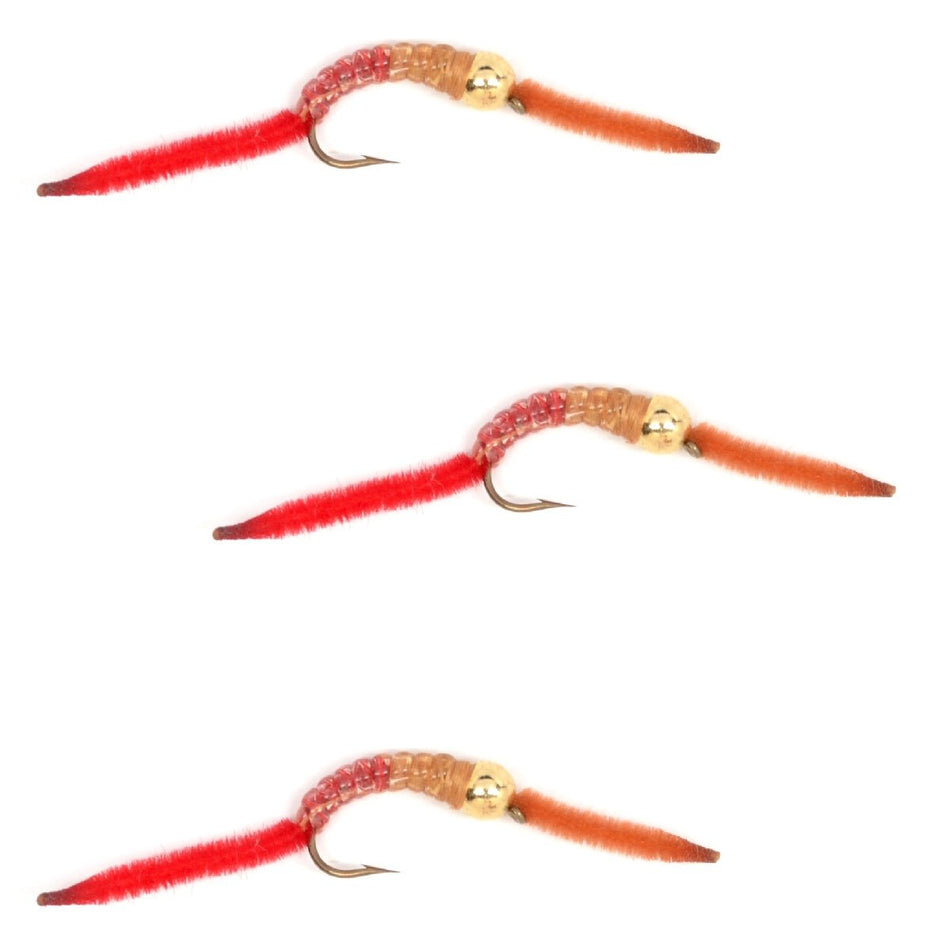 3 Pack San Juan Bead Head Power Worm Half Brown Half Red V - Rib - Hook Size 12 - Get Tight Gear