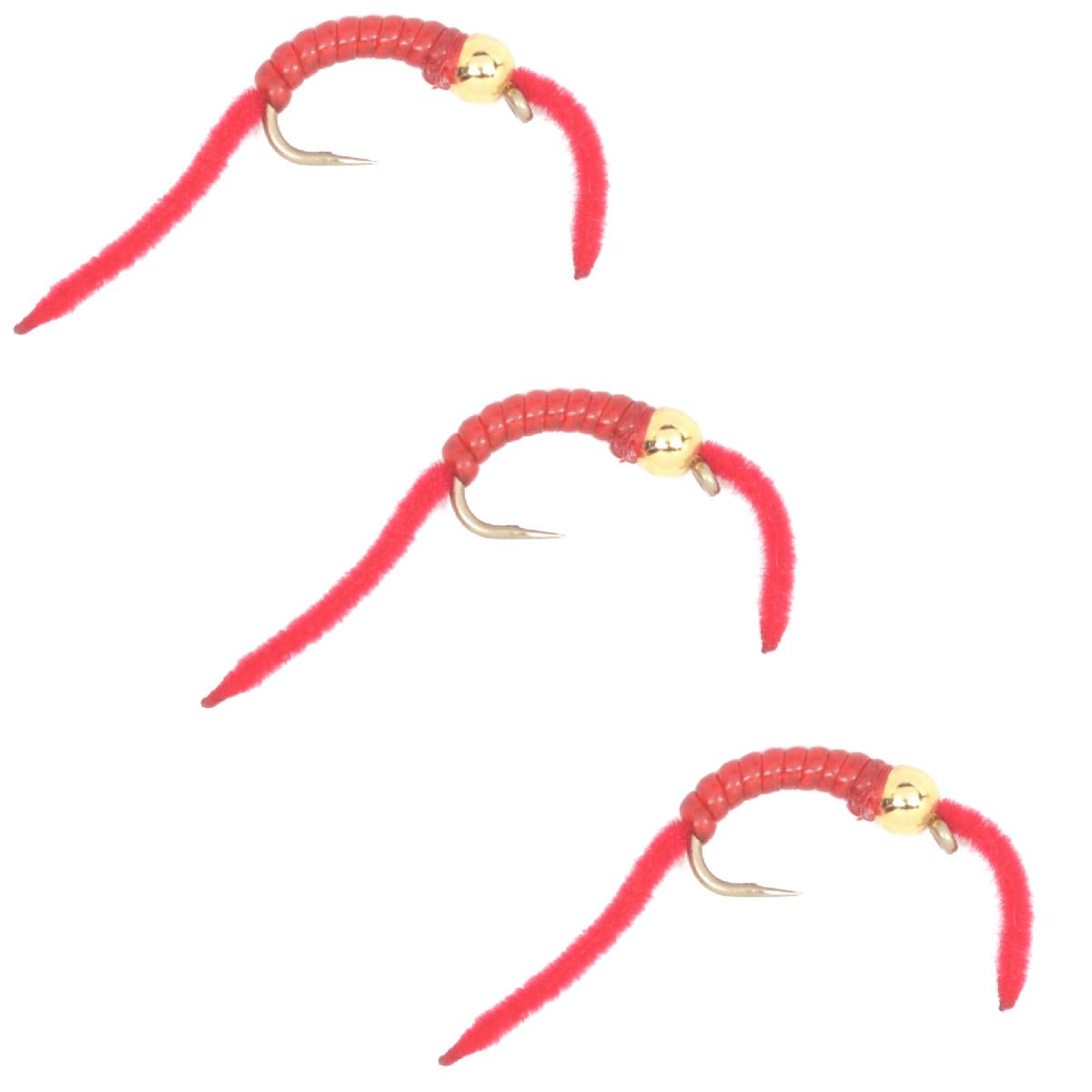 3 Pack San Juan Power Worm Gold Bead Head Red V - Rib - Hook Size 14 - Get Tight Gear