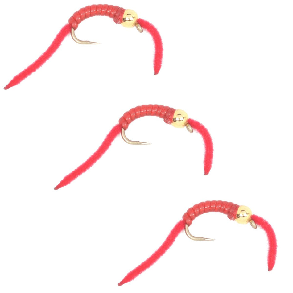 3 Pack San Juan Power Worm Gold Bead Head Red V - Rib - Hook Size 14 - Get Tight Gear