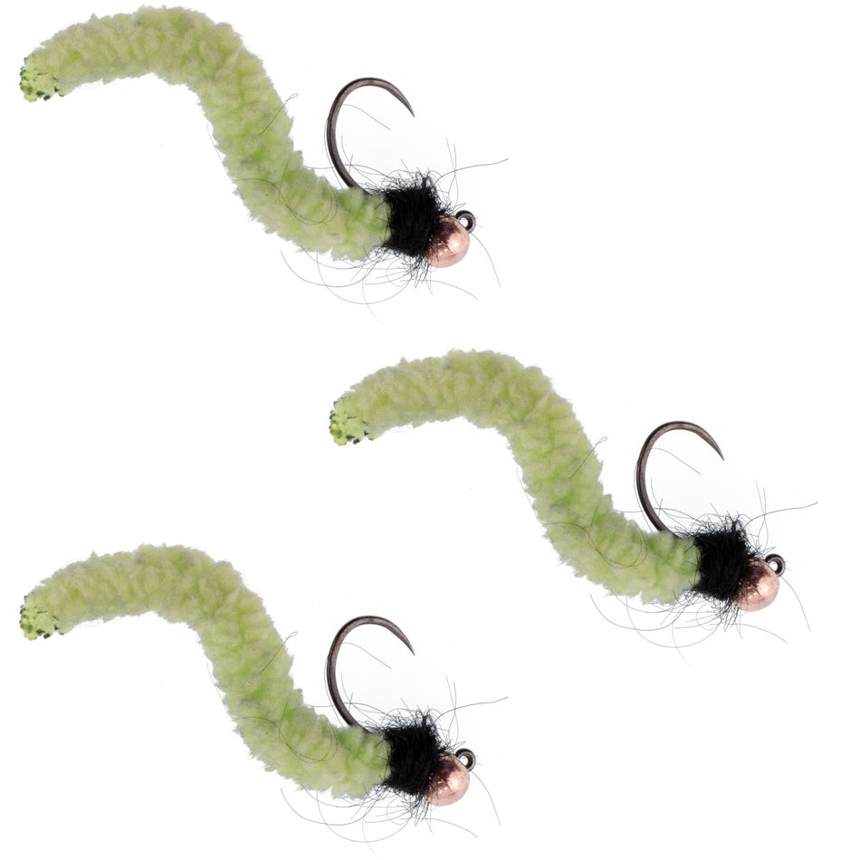 3 Pack Tungsten Bead Chartreuse Wormy Mop Fly Tactical Jig Czech Euro Nymph Barbless Fly - Size 12 - Get Tight Gear