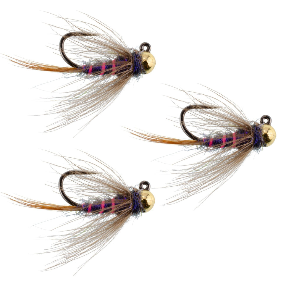 3 Pack Tungsten Bead Duracell Jigged Czech Nymph Euro Nymphing Fly - Hook Size 12 - Get Tight Gear