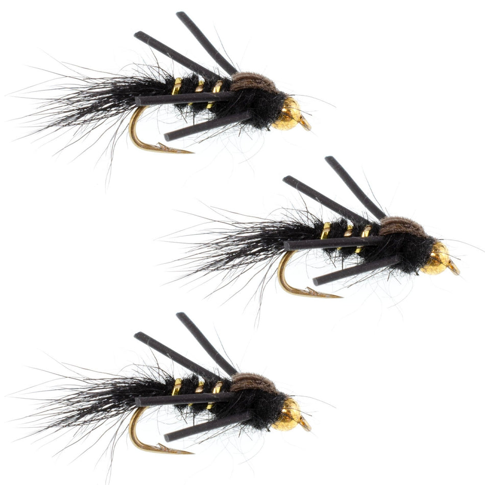 3 Pack Tungsten Bead Head Rubber Legs Black Gold - Ribbed Hare's Ear Trout Fly Nymph - Hook Size 14 - Get Tight Gear