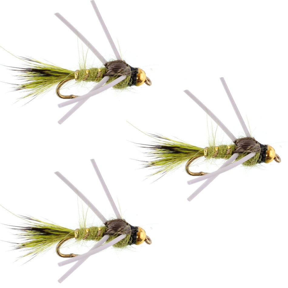 3 Pack Tungsten Bead Head Rubber Legs Olive Gold - Ribbed Hare's Ear Trout Fly Nymph - Hook Size 12 - Get Tight Gear