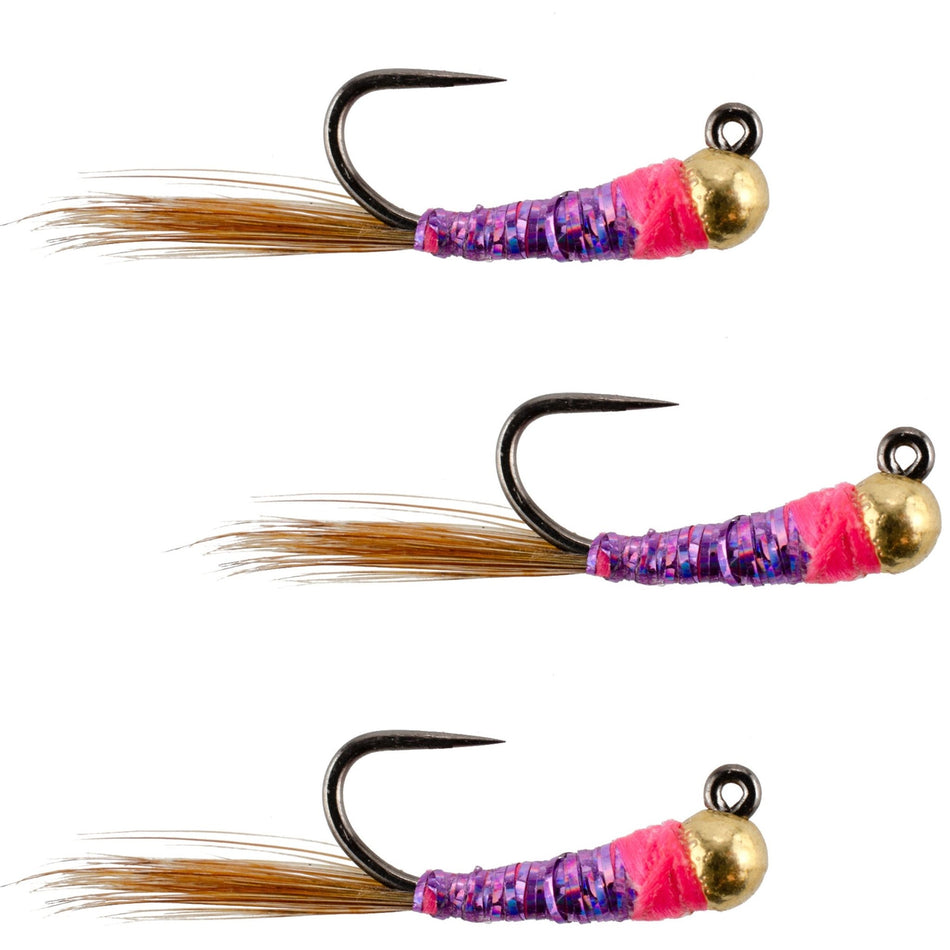 3 Pack Tungsten Bead Hot Spot Purple Perdigon Tactical Jig Spanish Czech Euro Nymph Fly - Hook Size 14 - Get Tight Gear