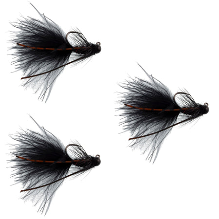 3 Pack Tungsten Bead Tactical Black Mini Bugger Czech Nymph Euro Nymphing Fly - 3 Flies Size 12 - Get Tight Gear