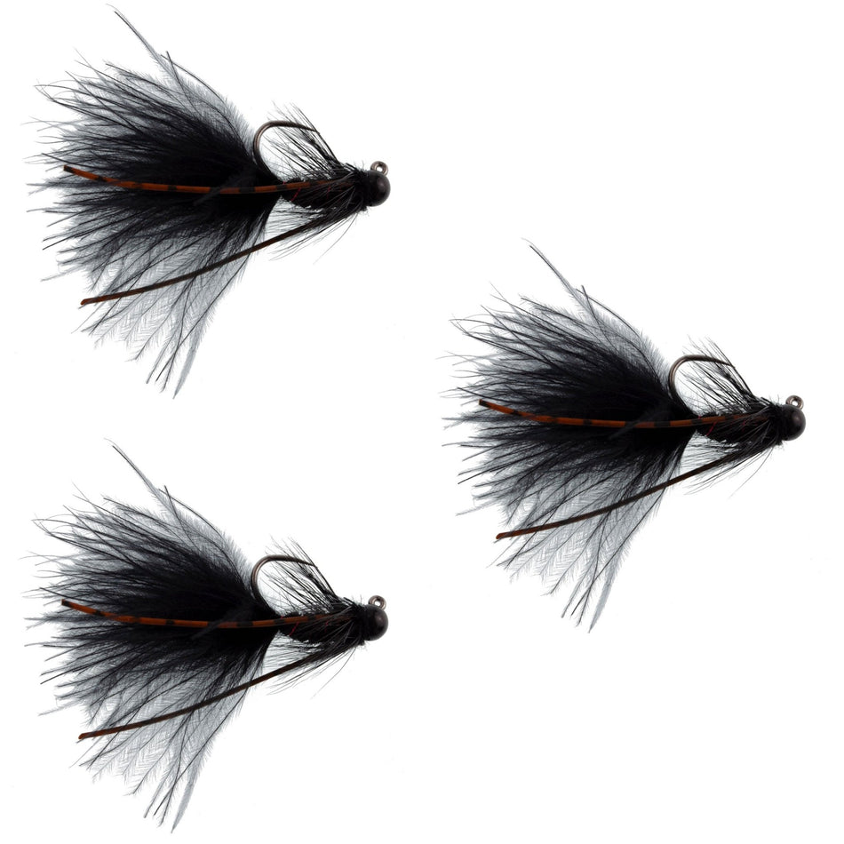 3 Pack Tungsten Bead Tactical Black Mini Bugger Czech Nymph Euro Nymphing Fly - 3 Flies Size 12 - Get Tight Gear