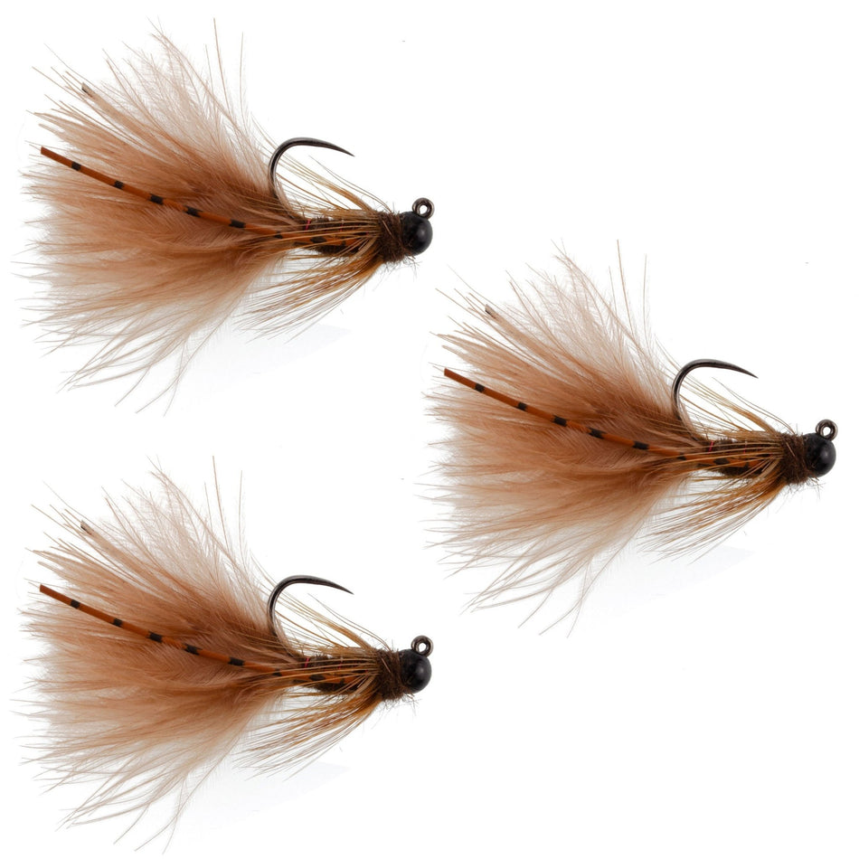 3 Pack Tungsten Bead Tactical Brown Mini Bugger Czech Nymph Euro Nymphing Fly - 3 Flies Size 8 - Get Tight Gear