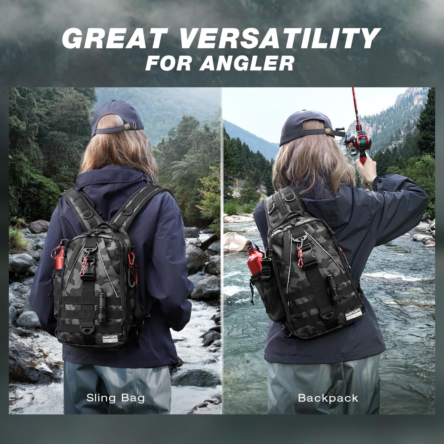 Ghosthorn Fishing Backpack with Rod Holder - Ultimate Tackle Sling Bag for Fly Fishing Enthusiasts - Perfect Gift for Men and Women