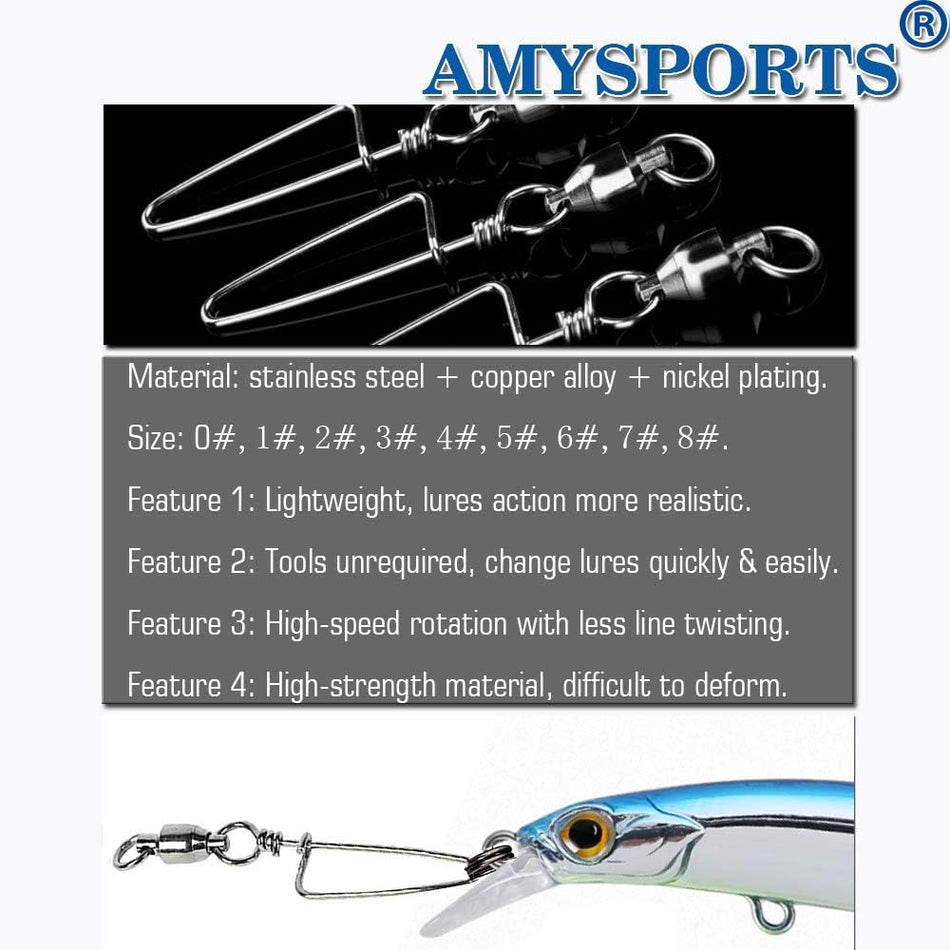 AMYSPORTS Premium High Strength Fishing Snap Swivels with Ball Bearings - Corrosion Resistant Stainless Steel for Freshwater and Saltwater Fishing
