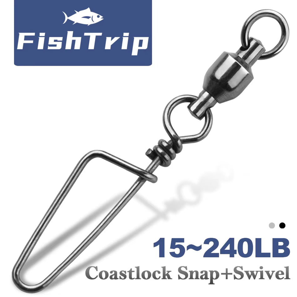 Fishtrip Fishing Snap Swivels Ball Bearing Swivels with Stainless Steel Coastlock Snap Corrosion Resistant Black Nickel Coating