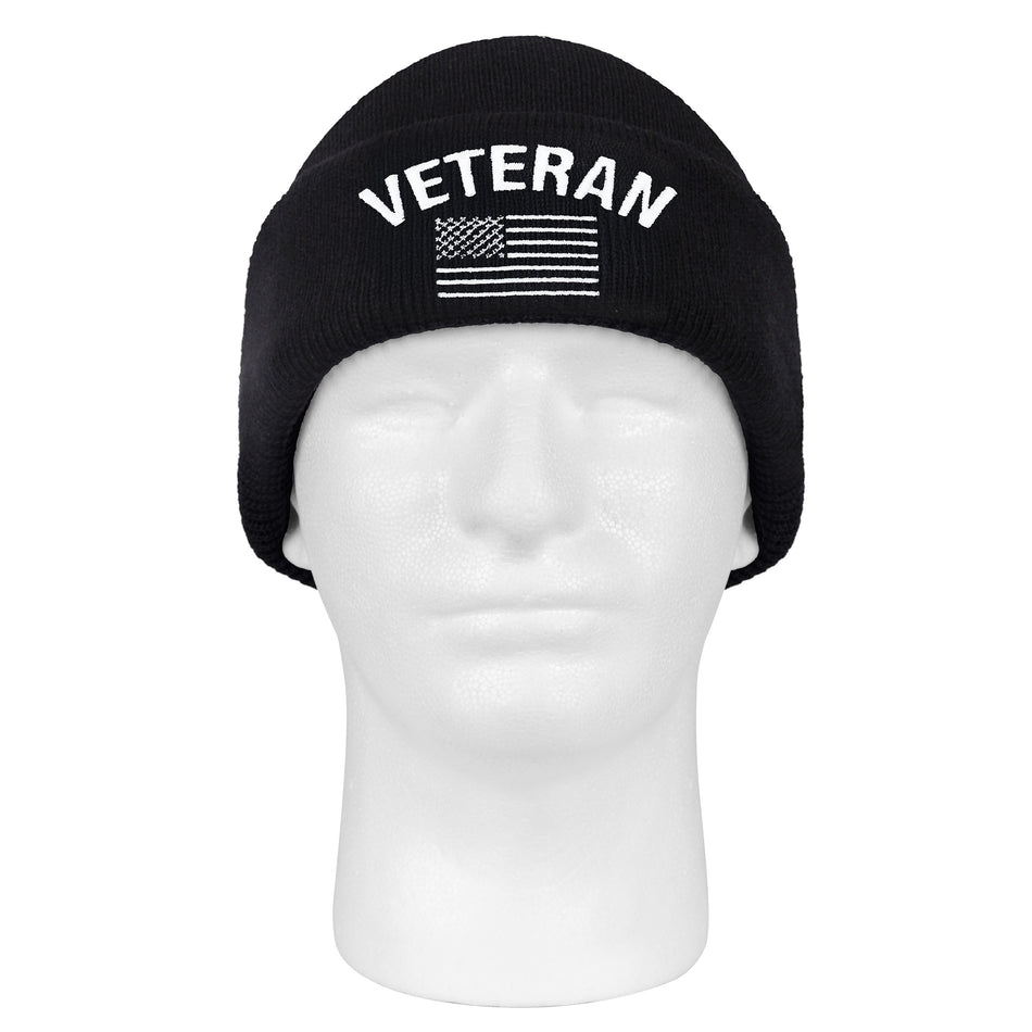 Rothco Veteran With US Flag Fine Knit Watch Cap - Black Black Size One Size