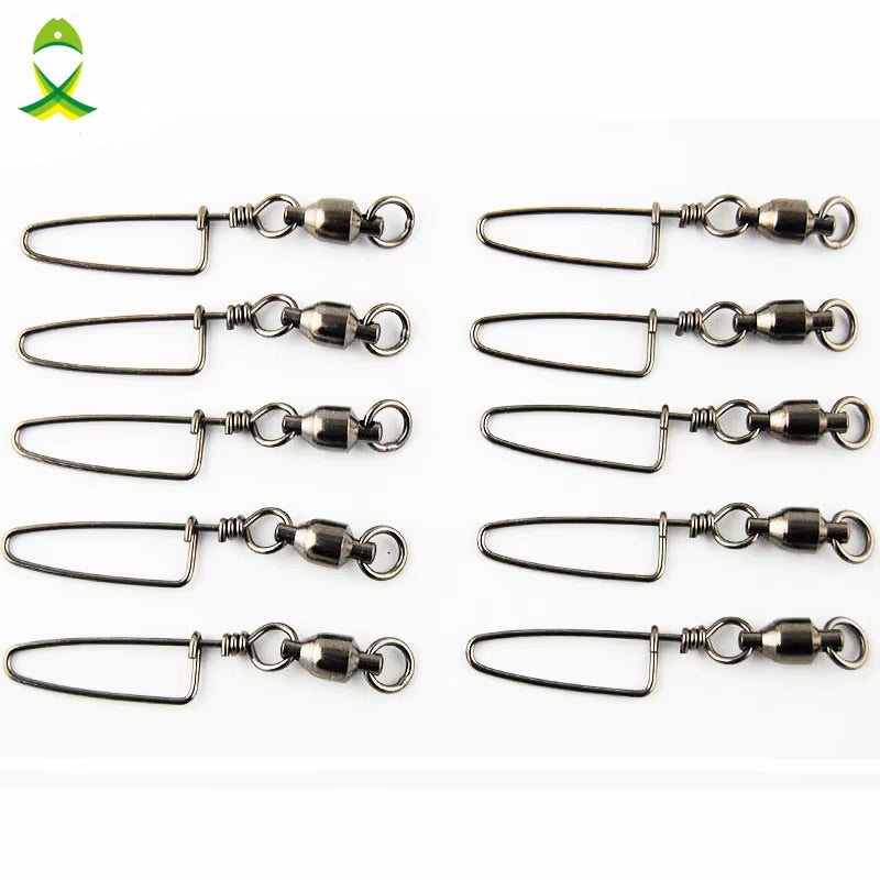 JSM 10Pcs Ball Bearing Fishing Swivel with Coastlock Snap Brass with Black Nickle Fishing Swivels Connector Fishing Tackle