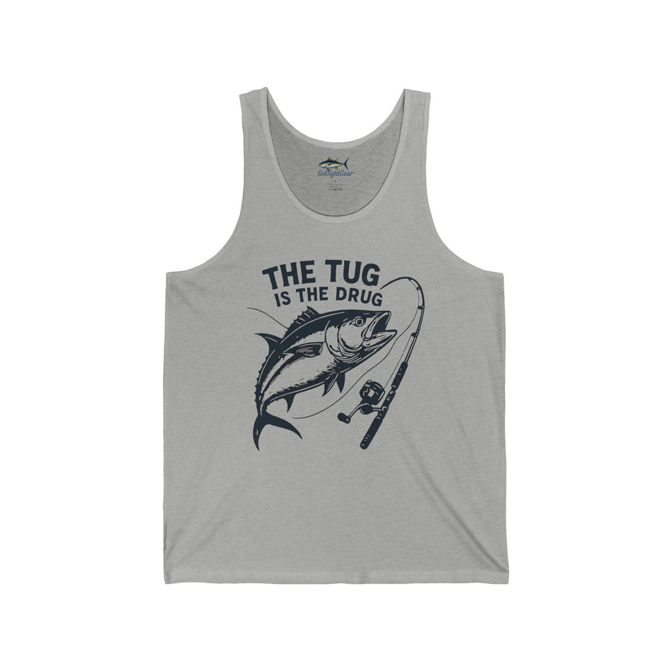 Camiseta unisex sin mangas para amantes de la pesca: "El tirón es la droga"