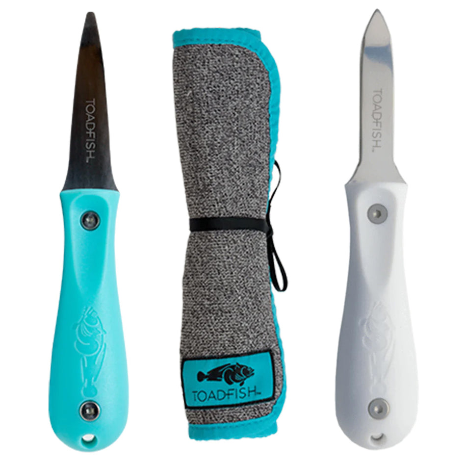 Paquete de abridores de pez sapo - Cuchillo para ostras "Put Em Back", cuchillo profesional para ostras, paño anticortes [1014]