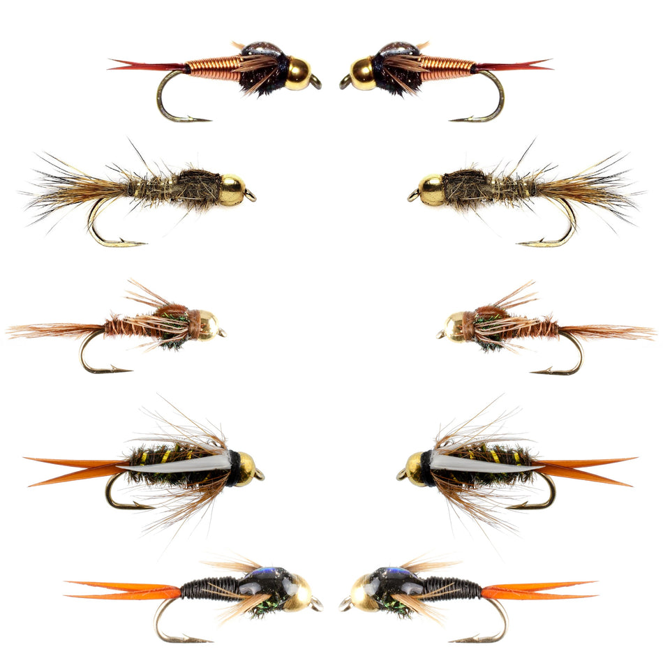 Basics Collection - Tungsten Bead Head Nymph Assortment - 10 Wet Flies - 5 Patterns - Hook Sizes 10, 12, 14, 16