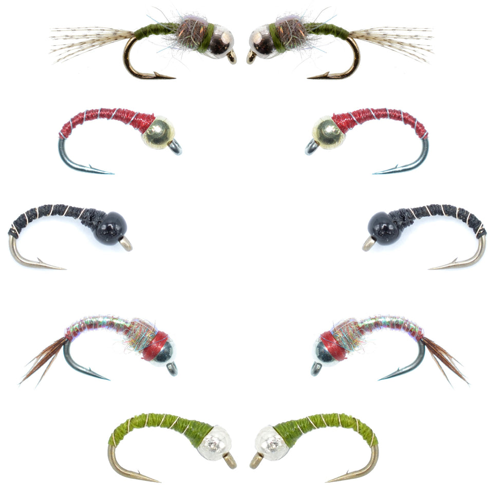 Basics Collection - Essential Bead Head Midge Nymph Assortment - 10 Wet Flies - 5 Patterns - Hook Sizes 14, 16, 18