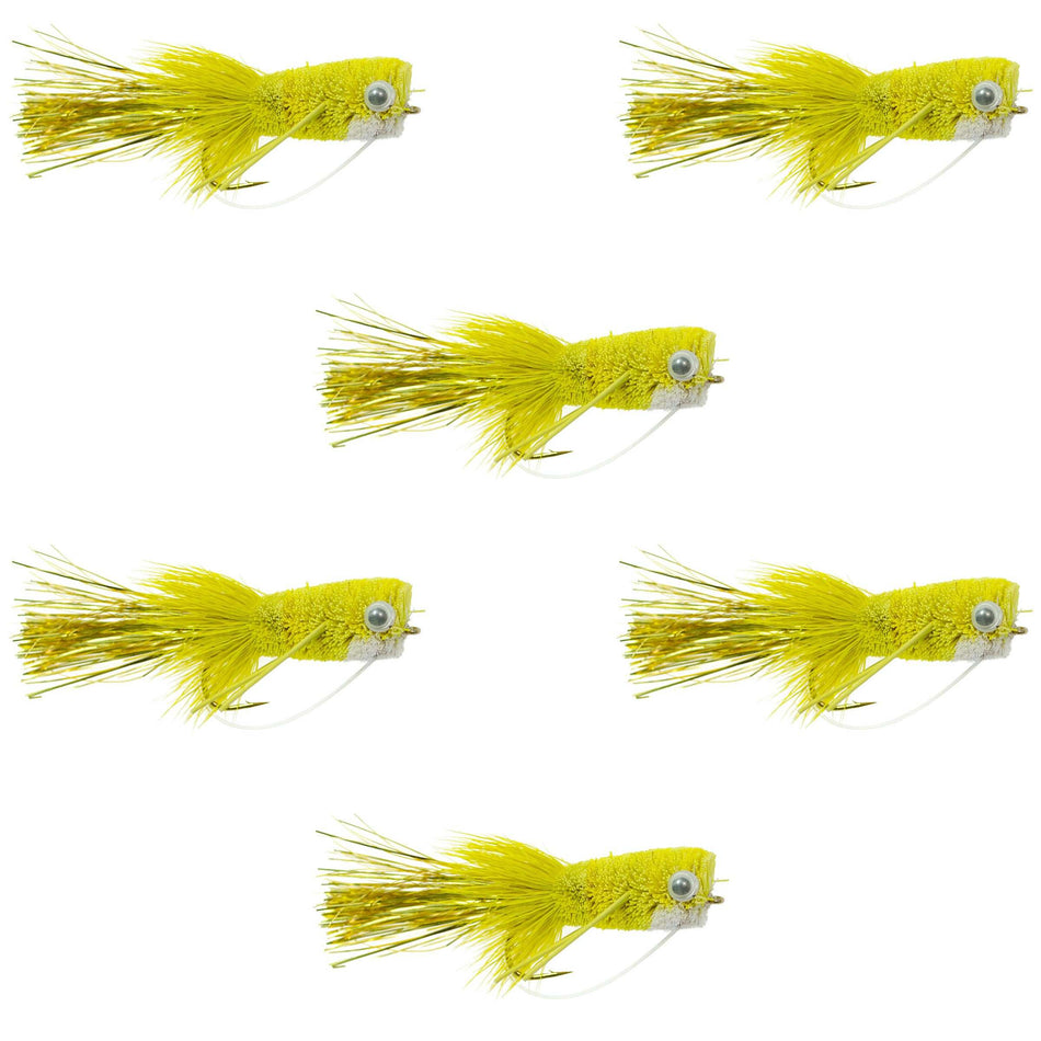 Flashtail Bass Popper  6 Flies Size 8 - Yellow Bass Fly Fishing Bug Wide Gape Bass Hooks With Weed Guard