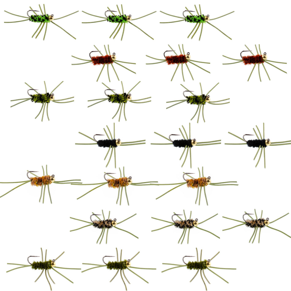 Tungsten Bead Jigged Pat's Rubber Legs Nymph Assortment Fly Fishing Flies - Trout and Bass Wet Fly Pattern - 21 Flies 7 Colors Hook Size 10