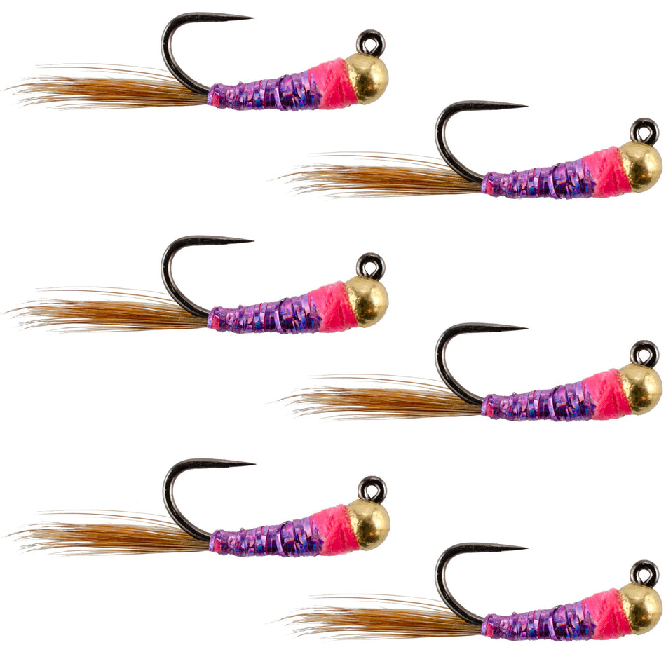 Tungsten Bead Hot Spot Purple Perdigon Tactical Jig Spanish Czech Euro Nymph Fly - 6 Flies Size 16