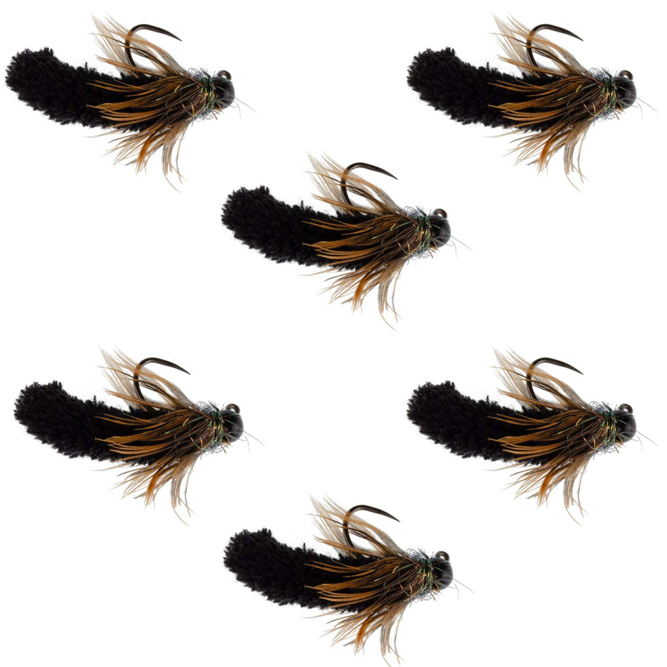 Tungsten Bead Black Mop Fly Tactical Jig Czech Euro Nymph Barbless Fly 6 Flies - Size 14