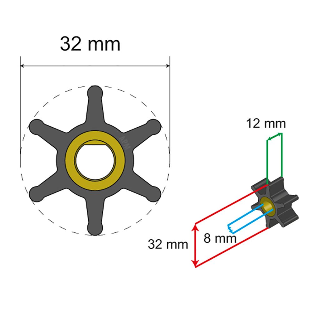 Albin Group Premium Impeller Kit - 32 x 8 x 12mm - 6 Blade - Single Flat Insert - Get Tight Gear