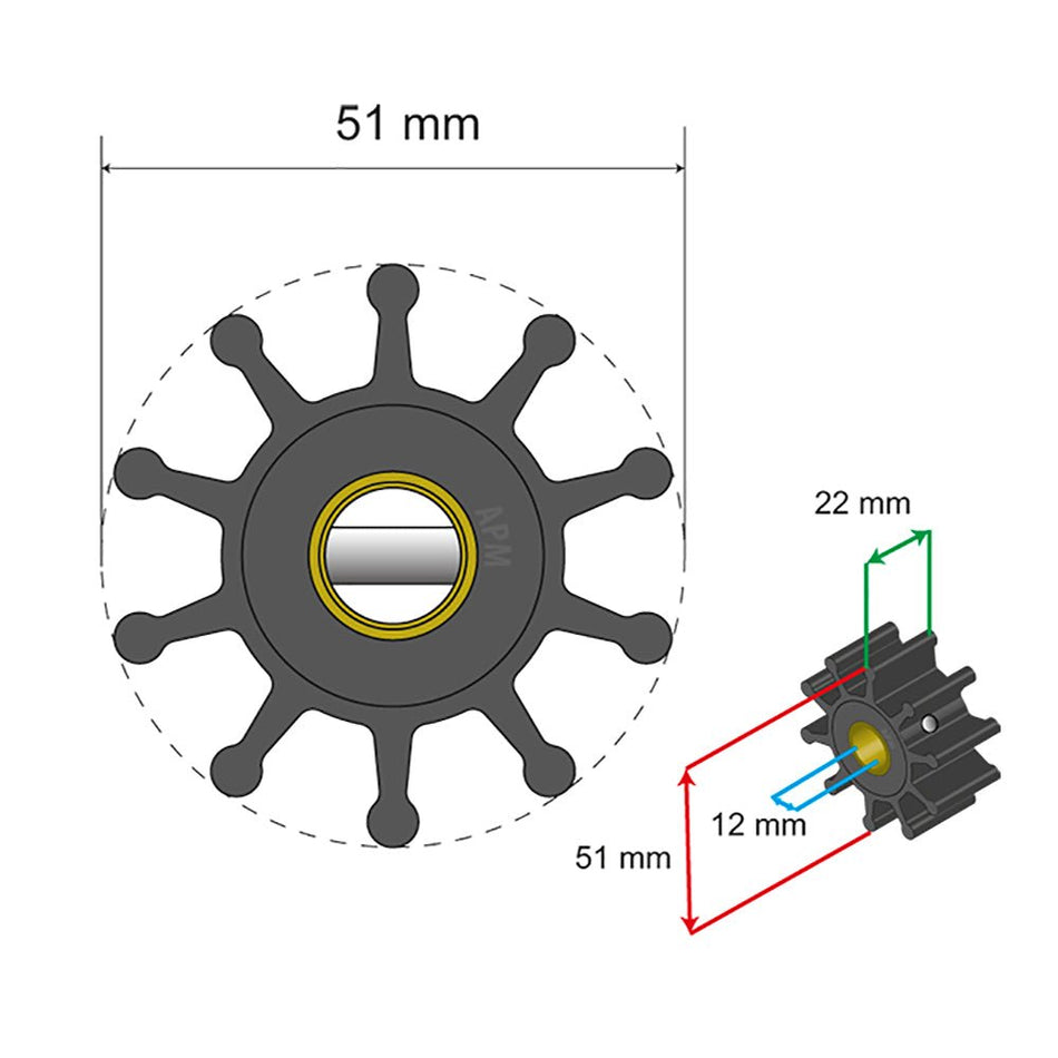 Albin Group Premium Impeller Kit - 51 x 12 x 22mm - 10 Blade - Pin Insert - Get Tight Gear