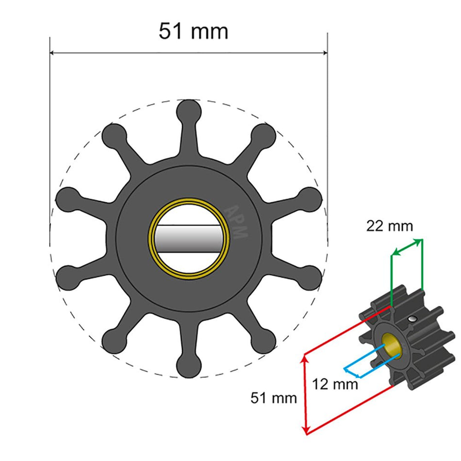 Albin Group Premium Impeller Kit - 51 x 12.7 x 22mm - 10 Blade - Pin Insert - Get Tight Gear