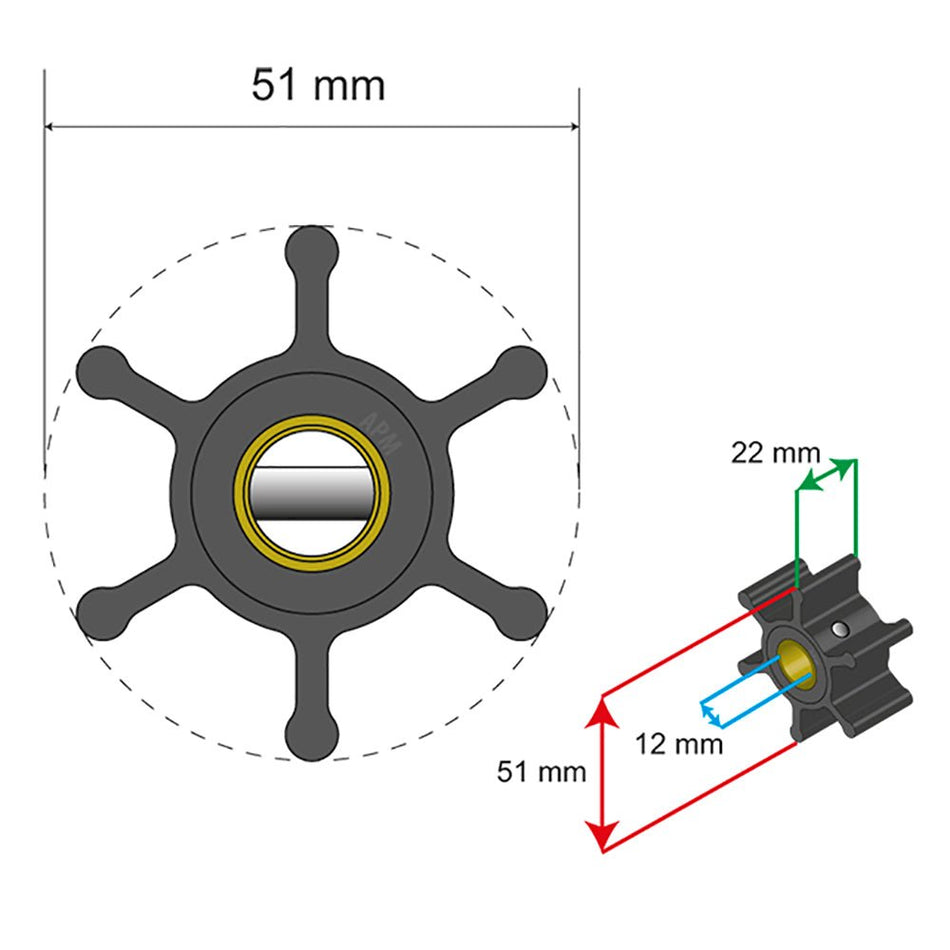 Albin Group Premium Impeller Kit - 51 x 22 x 12mm - 6 Blade - Pin Insert - Get Tight Gear