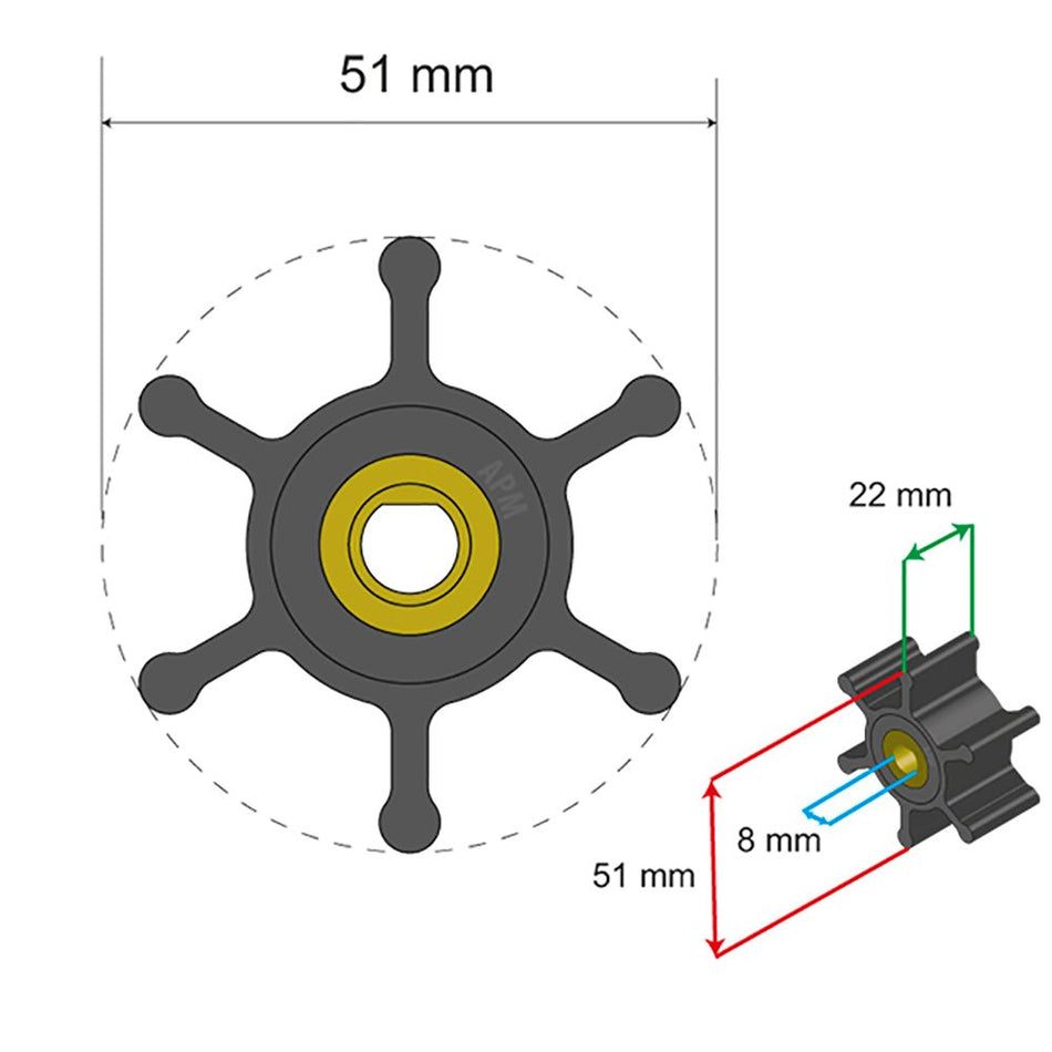 Albin Group Premium Impeller Kit - 51 x 8 x 22mm - 6 Blade - Single Flat Insert - Get Tight Gear